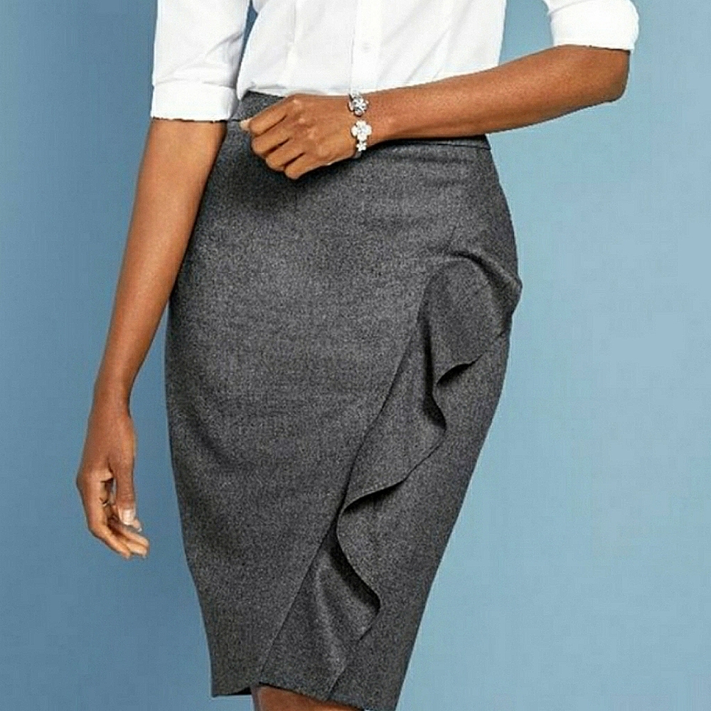 TALBOTS Black Ivory Tweed Wool Skirt Cascading Ruffle Pencil Skirt Workwear - Picture 3 of 11